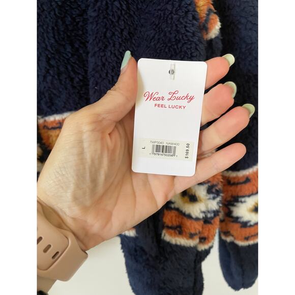 Lucky Brand Western Geo Print Full Zipper Fleece Jacket Navy Blue Brown Large - Picture 9 of 10